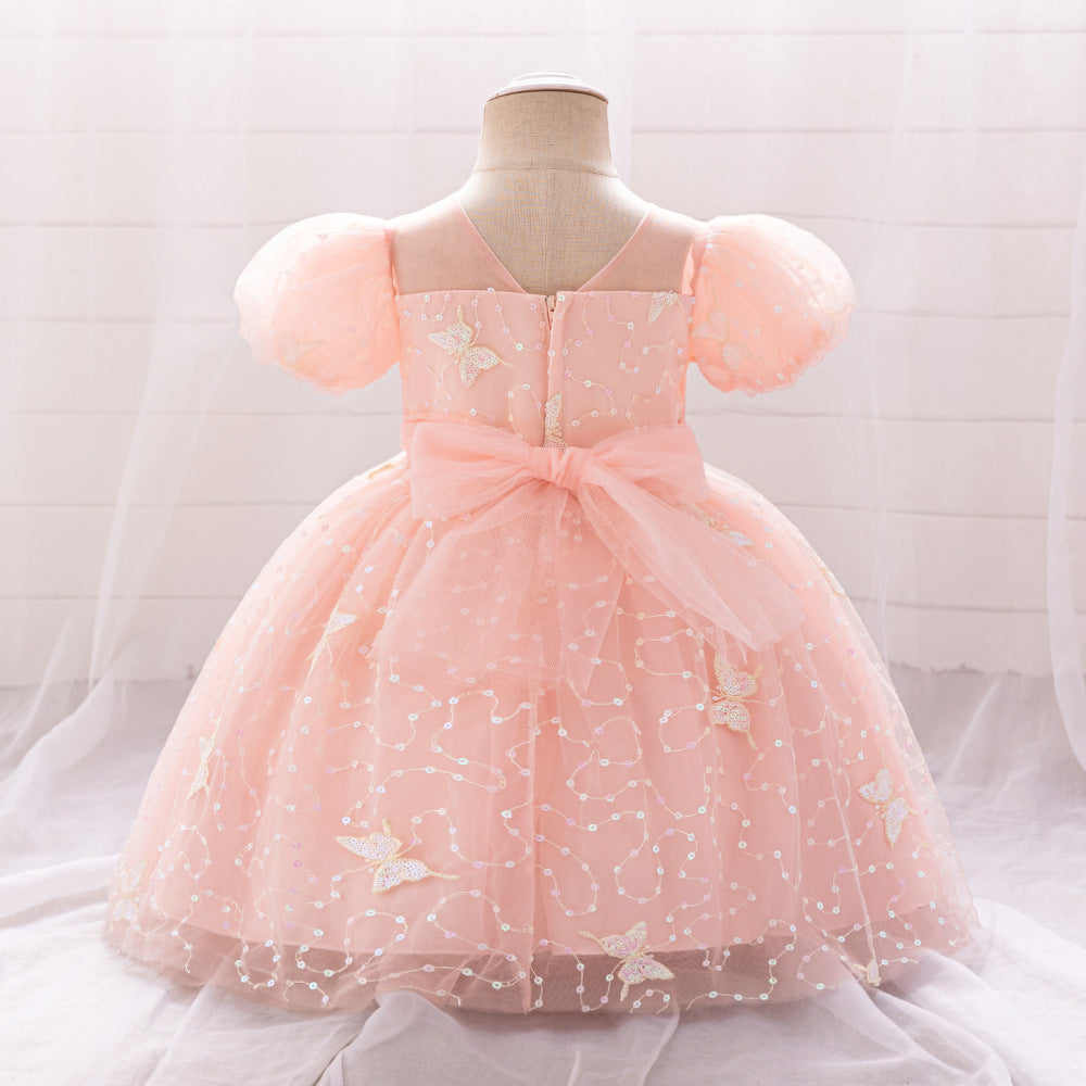Ball Gown Scoop Puff Sleeves Sequins Flower Girl Dresses