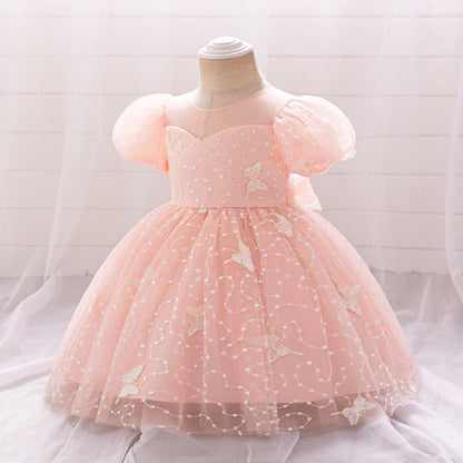 Ball Gown Scoop Puff Sleeves Sequins Flower Girl Dresses