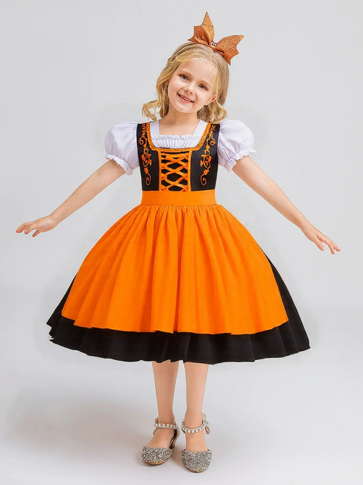 Ball Gown Square Neck Short Puff Sleeves Tea-Length Halloween Dresses for Girls With Bowknot &amp; Pleats