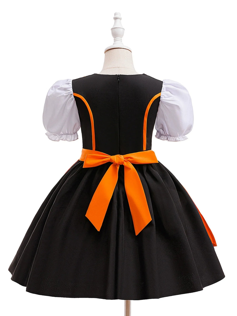 Ball Gown Square Neck Short Puff Sleeves Tea-Length Halloween Dresses for Girls With Bowknot &amp; Pleats