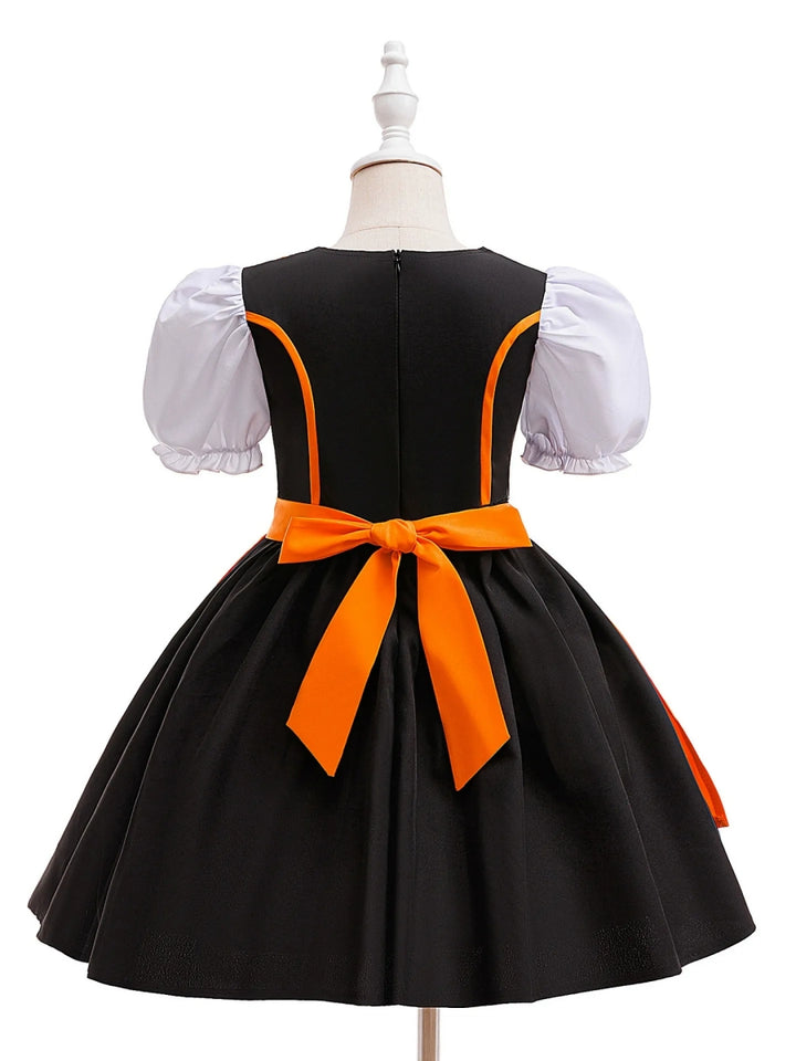 Ball Gown Square Neck Short Puff Sleeves Tea-Length Halloween Dresses for Girls With Bowknot &amp; Pleats