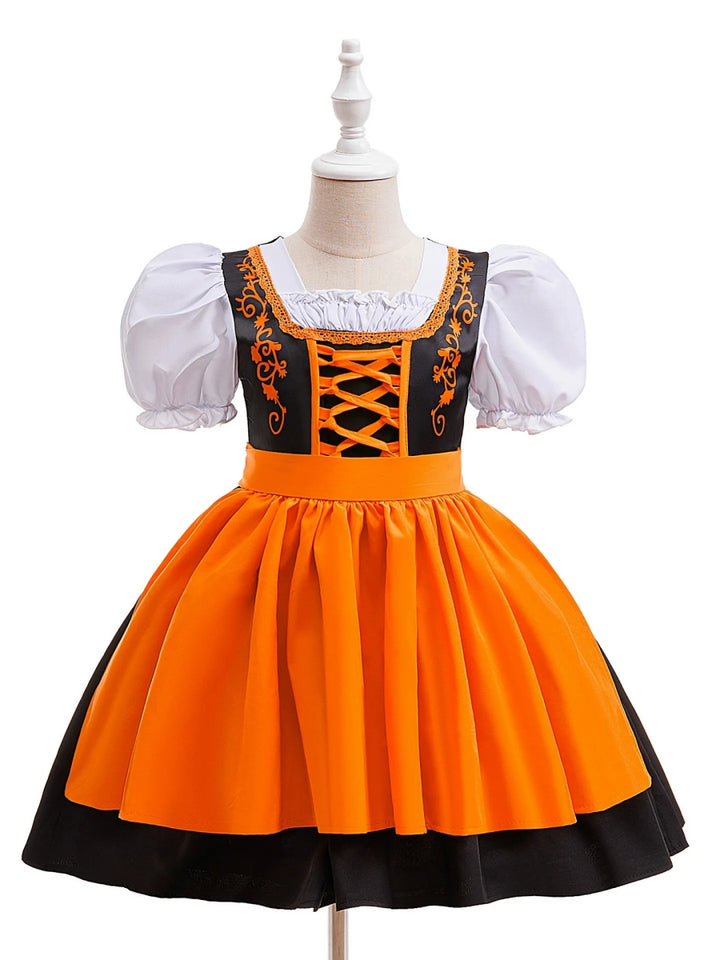 Ball Gown Square Neck Short Puff Sleeves Tea-Length Halloween Dresses for Girls With Bowknot &amp; Pleats