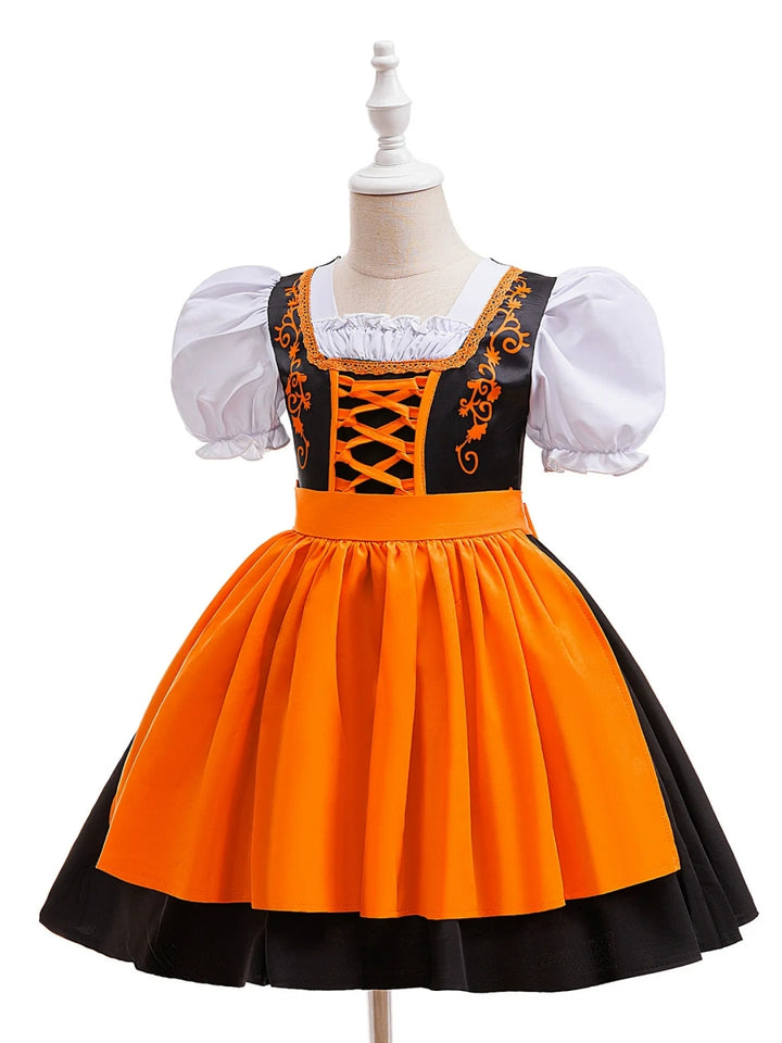 Ball Gown Square Neck Short Puff Sleeves Tea-Length Halloween Dresses for Girls With Bowknot &amp; Pleats