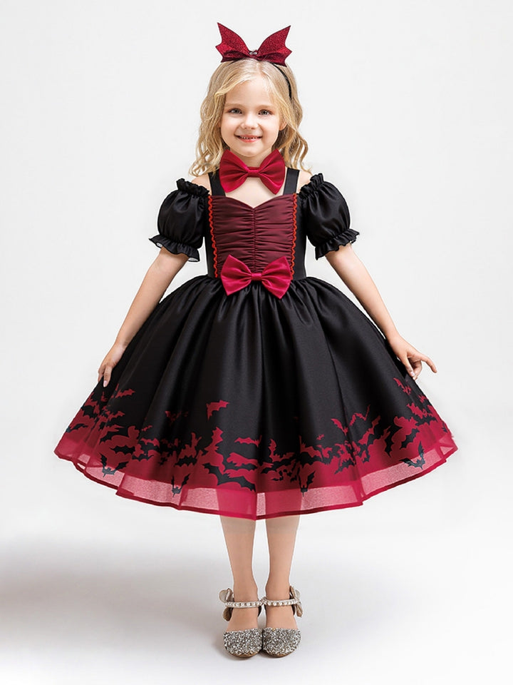 Ball Gown V-Neck Puff Sleeves Tea-Length Halloween Dresses for Girls With Bowknots &amp; Pleats
