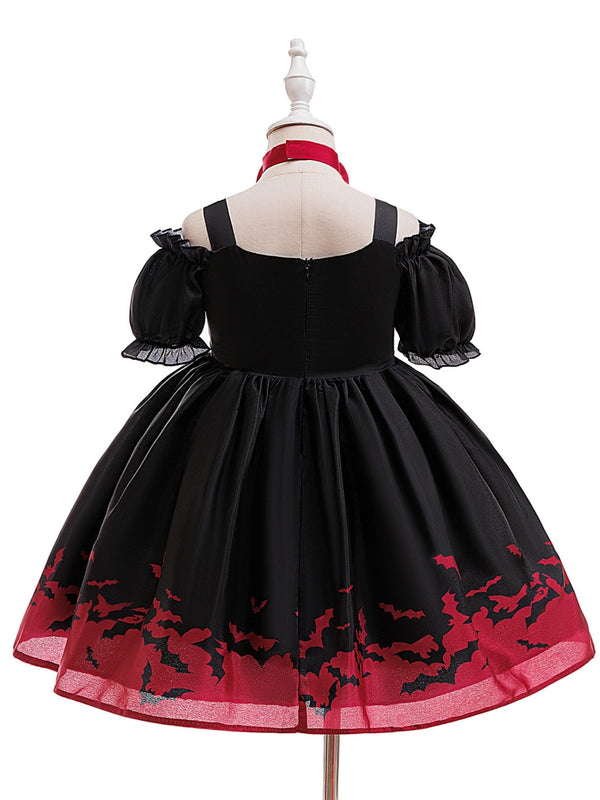 Ball Gown V-Neck Puff Sleeves Tea-Length Halloween Dresses for Girls With Bowknots & Pleats