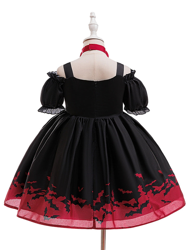 Ball Gown V-Neck Puff Sleeves Tea-Length Halloween Dresses for Girls With Bowknots &amp; Pleats