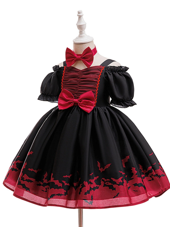Ball Gown V-Neck Puff Sleeves Tea-Length Halloween Dresses for Girls With Bowknots &amp; Pleats