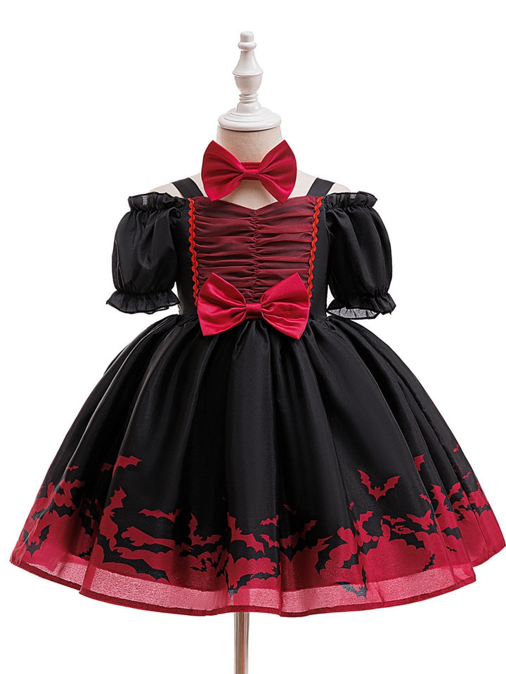 Ball Gown V-Neck Puff Sleeves Tea-Length Halloween Dresses for Girls With Bowknots &amp; Pleats