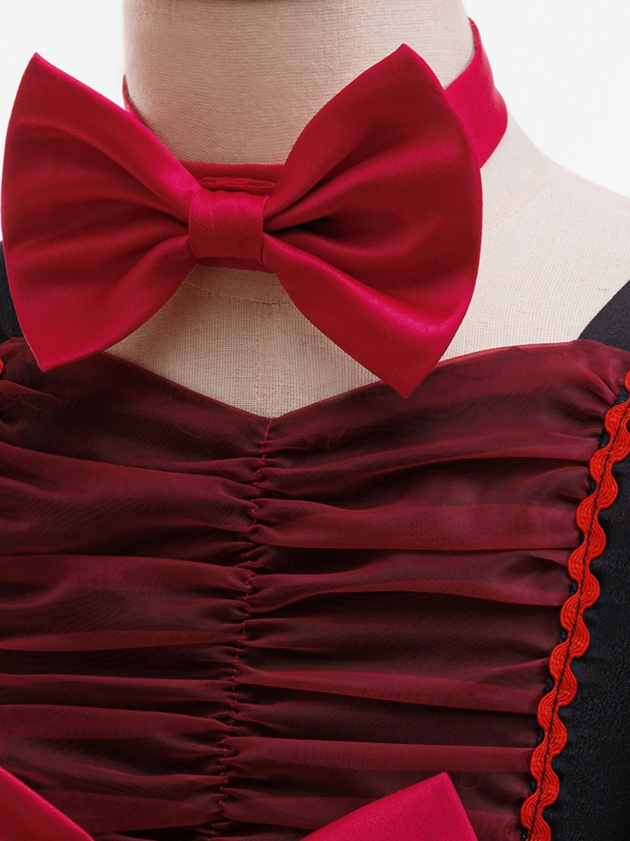 Ball Gown V-Neck Puff Sleeves Tea-Length Halloween Dresses for Girls With Bowknots &amp; Pleats