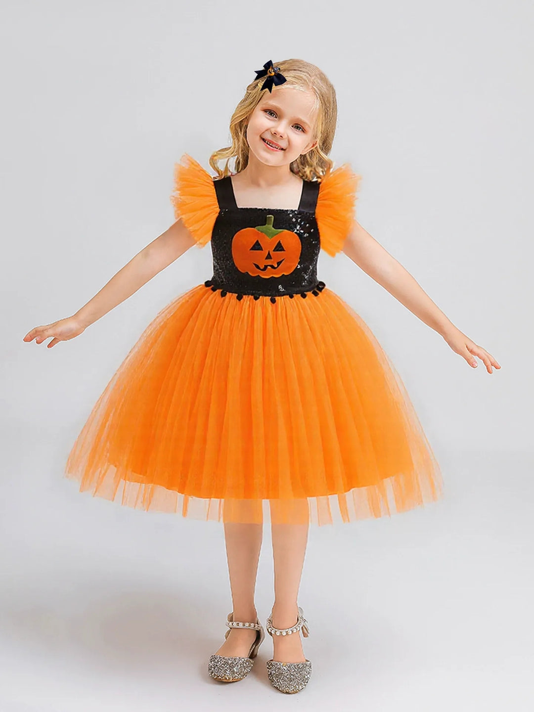 Lavetir Black Orange Printed A-Line/Princess Square Neck Flying Sleeves Knee-Length Halloween Dresses for Girls With Pleats & Sequins 2026