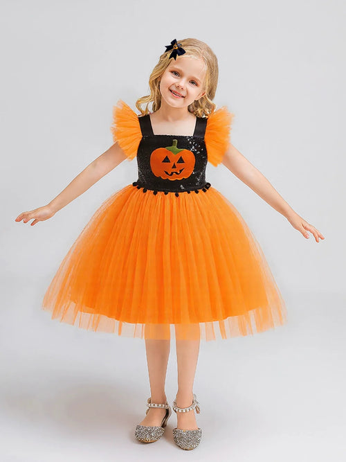 Printed A-Line/Princess Square Neck Flying Sleeves Knee-Length Halloween Dresses for Girls With Pleats & Sequins