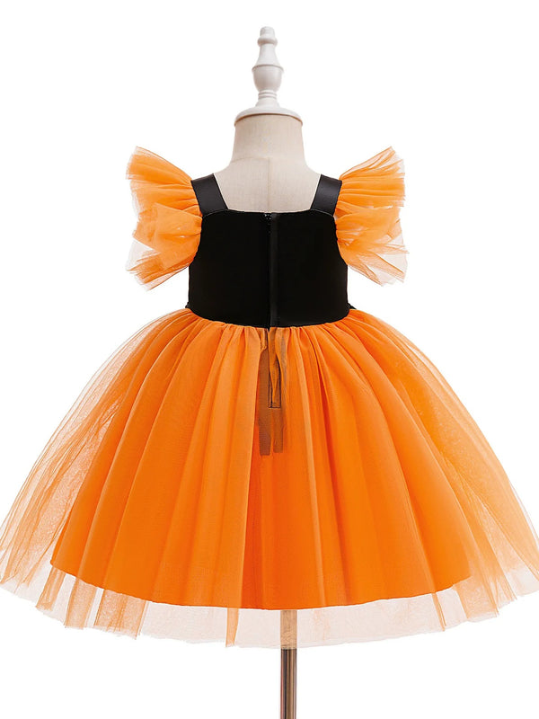 Printed A-Line/Princess Square Neck Flying Sleeves Knee-Length Halloween Dresses for Girls With Pleats & Sequins
