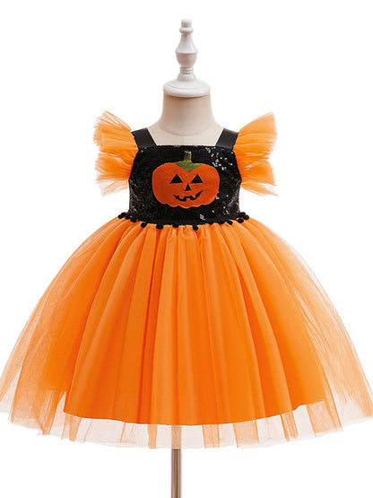 Printed A-Line/Princess Square Neck Flying Sleeves Knee-Length Halloween Dresses for Girls With Pleats & Sequins