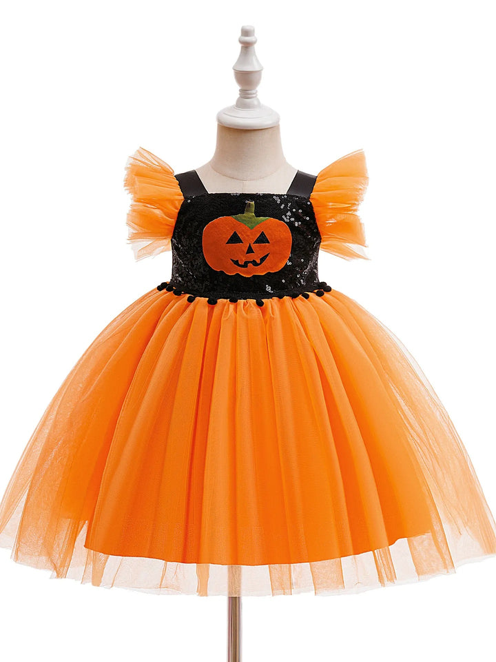 Printed A-Line/Princess Square Neck Flying Sleeves Knee-Length Halloween Dresses for Girls With Pleats &amp; Sequins