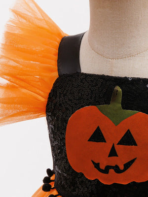 Printed A-Line/Princess Square Neck Flying Sleeves Knee-Length Halloween Dresses for Girls With Pleats & Sequins