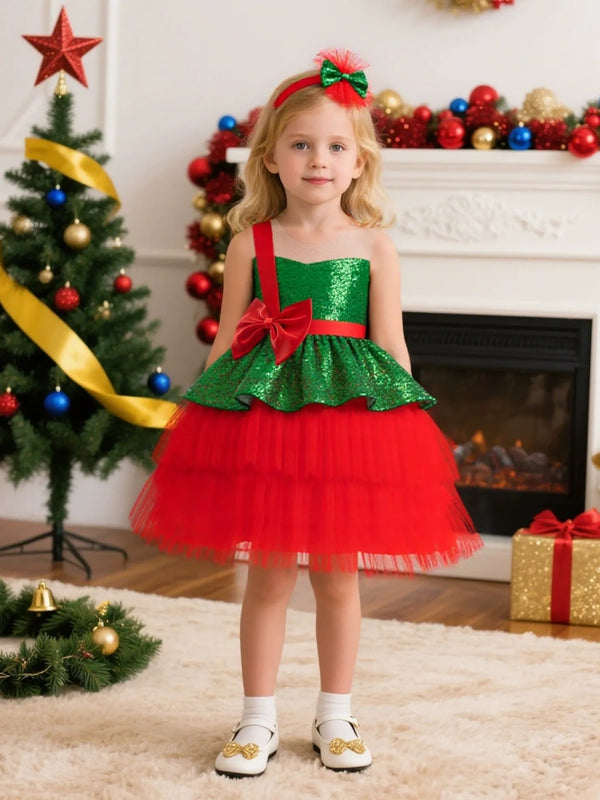 A-Line/Princess One-Shoulder Sleeveless Christmas Dresses for Girls WIth Bowknot & Sequins