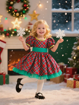 A-Line/Princess Scoop Short Sleeves Plaid Christmas Dresses for Girls WIth Sash