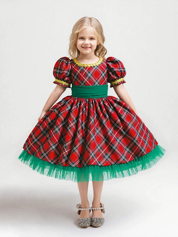 A-Line/Princess Scoop Short Sleeves Plaid Christmas Dresses for Girls WIth Sash