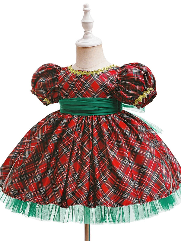 A-Line/Princess Scoop Short Sleeves Plaid Christmas Dresses for Girls WIth Sash