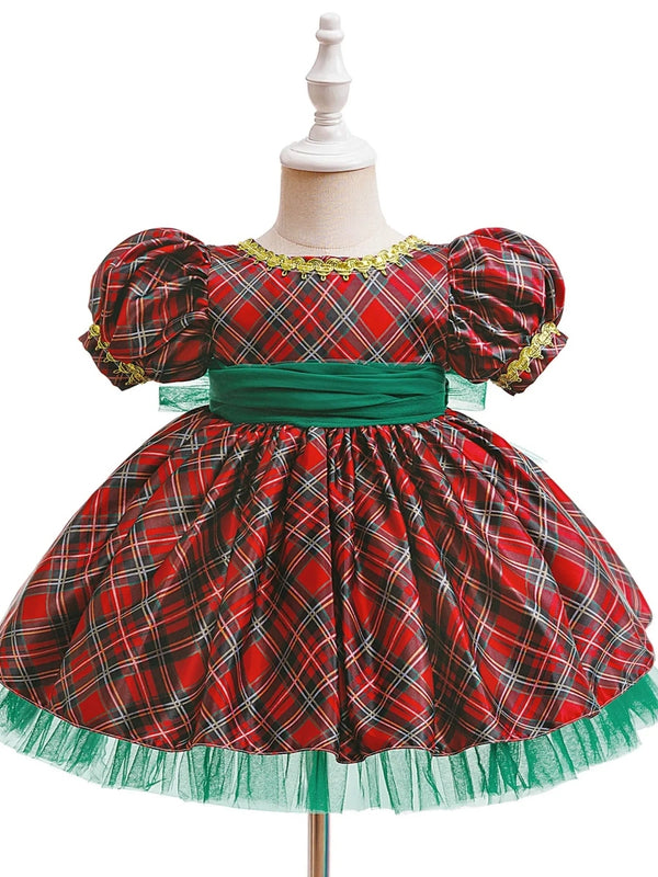 A-Line/Princess Scoop Short Sleeves Plaid Christmas Dresses for Girls WIth Sash