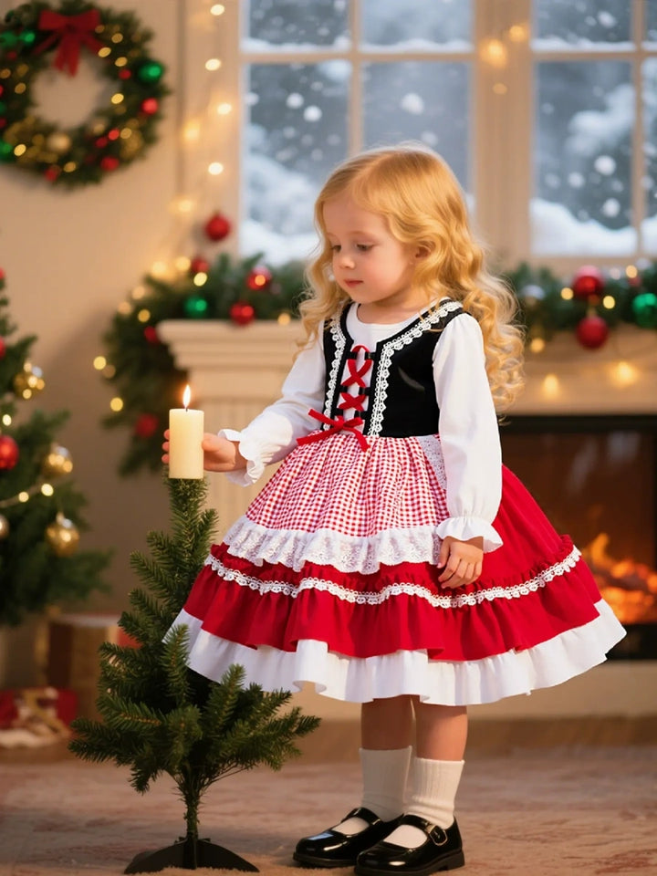 A-Line/Princess Scoop Half Sleeves Plaid Christmas Dresses for Girls WIth Pleats &amp; Bowknot