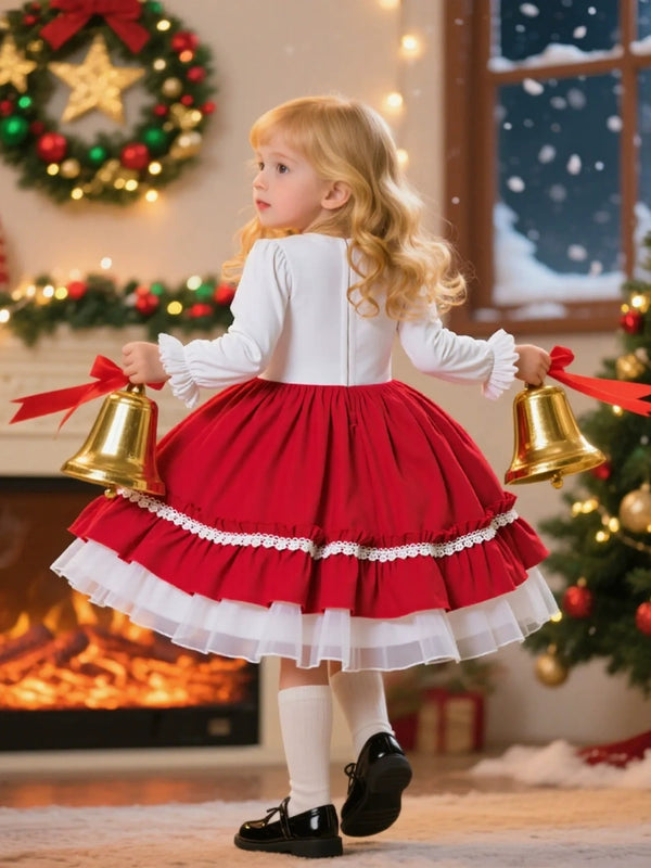 A-Line/Princess Scoop Half Sleeves Plaid Christmas Dresses for Girls WIth Pleats & Bowknot