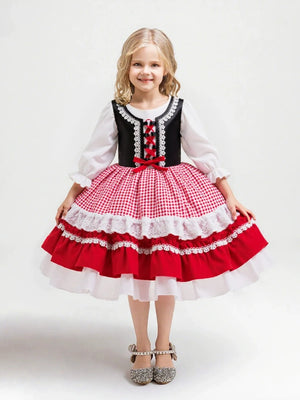 A-Line/Princess Scoop Half Sleeves Plaid Christmas Dresses for Girls WIth Pleats & Bowknot