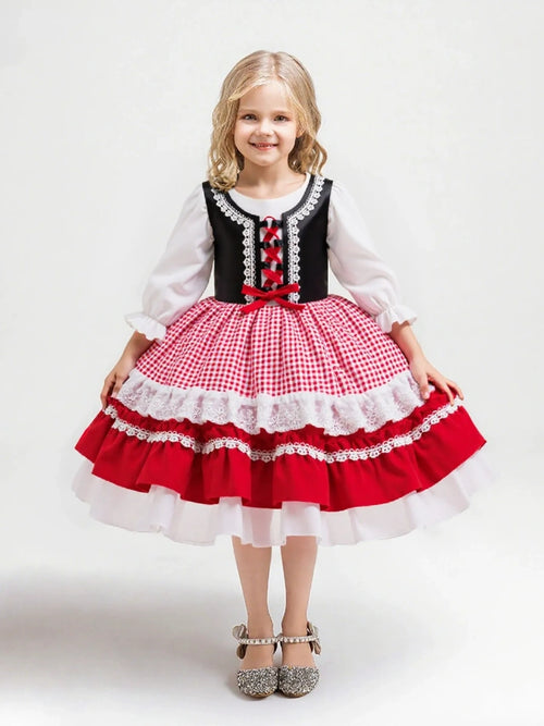 A-Line/Princess Scoop Half Sleeves Plaid Christmas Dresses for Girls WIth Pleats & Bowknot