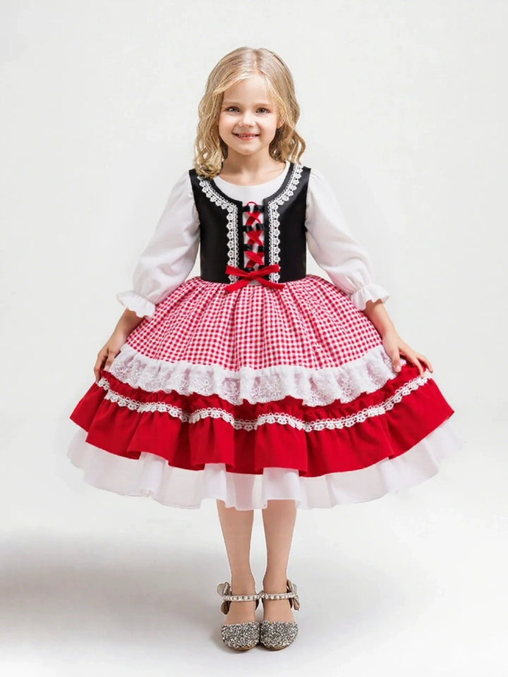 A-Line/Princess Scoop Half Sleeves Plaid Christmas Dresses for Girls WIth Pleats &amp; Bowknot