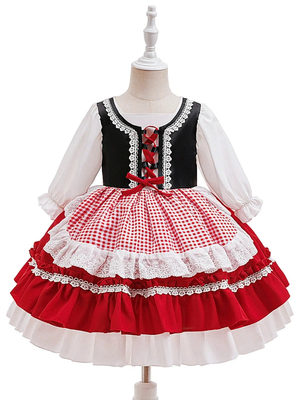 A-Line/Princess Scoop Half Sleeves Plaid Christmas Dresses for Girls WIth Pleats & Bowknot