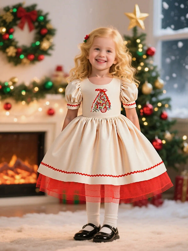 A-Line/Princess Scoop Puff Sleeves Christmas Dresses for Girls WIth Embroidery