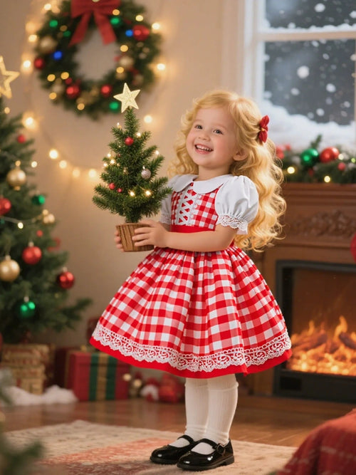A-Line/Princess Peter Pan Collar Puff Sleeves Plaid Christmas Dresses for Girls