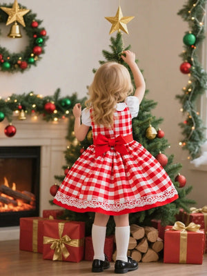 A-Line/Princess Peter Pan Collar Puff Sleeves Plaid Christmas Dresses for Girls