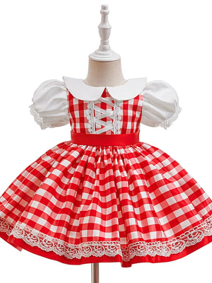 A-Line/Princess Peter Pan Collar Puff Sleeves Plaid Christmas Dresses for Girls