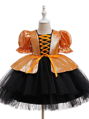 Tulle Ball Gown Square Neck Puff Sleeves Knee-Length Halloween Dresses for Girls With Bowknot
