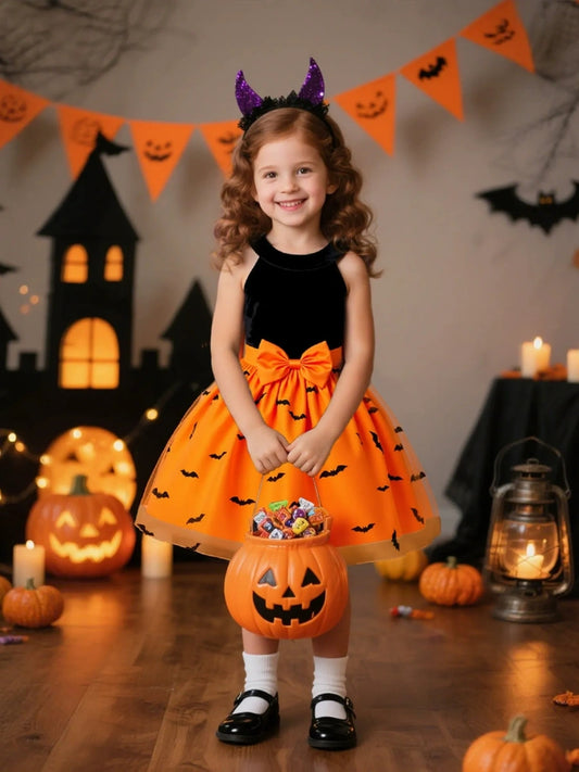 Ball Gown Scoop Neck Sleeveless Knee-Length Halloween Dresses for Girls With Sash