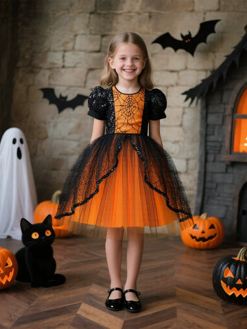 Tulle  Ball Gown Scoop Short Sleeves Knee-Length Halloween Dresses for Girls With Sequins