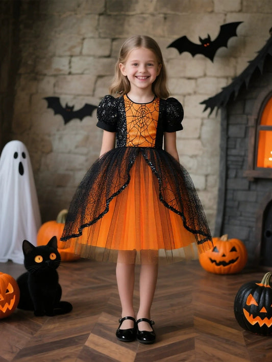 Tulle  Ball Gown Scoop Short Sleeves Knee-Length Halloween Dresses for Girls With Sequins