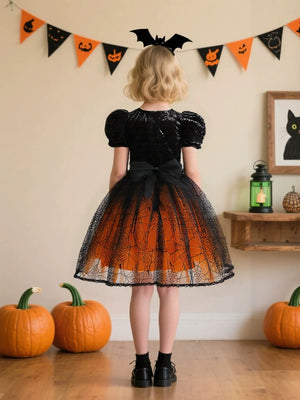 Tulle  Ball Gown Scoop Short Sleeves Knee-Length Halloween Dresses for Girls With Sequins
