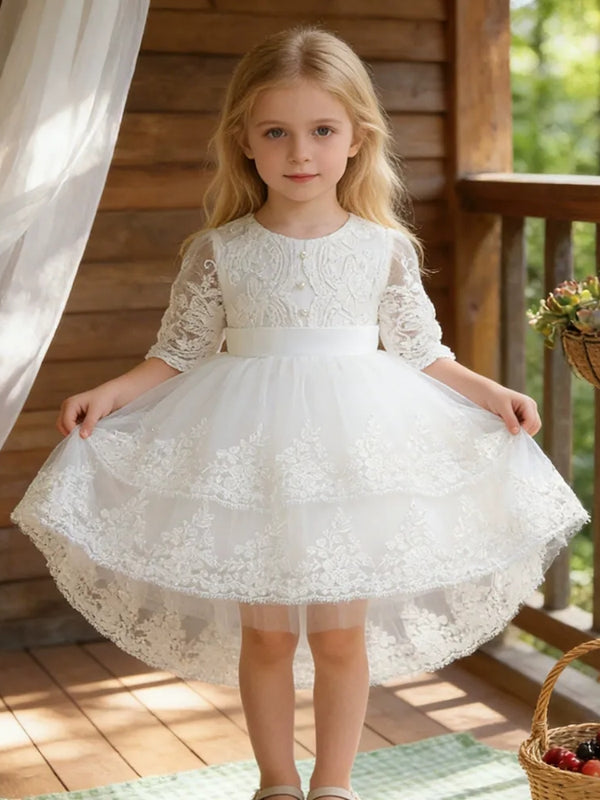 A-Line/Princess Scoop Half Sleeves Full Moon Dresses for Girls With Bowknot & Lace