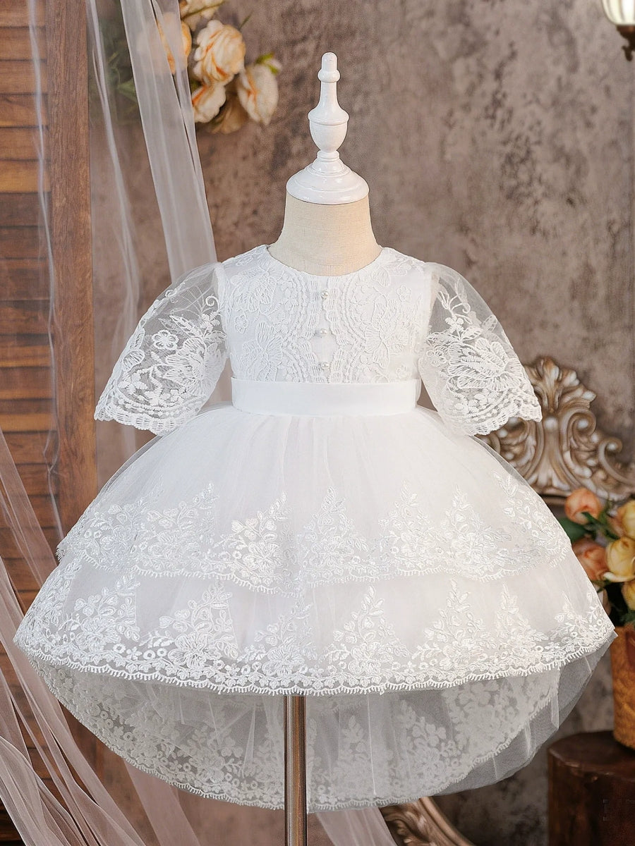 A-Line/Princess Scoop Half Sleeves Full Moon Dresses for Girls With Bowknot &amp; Lace