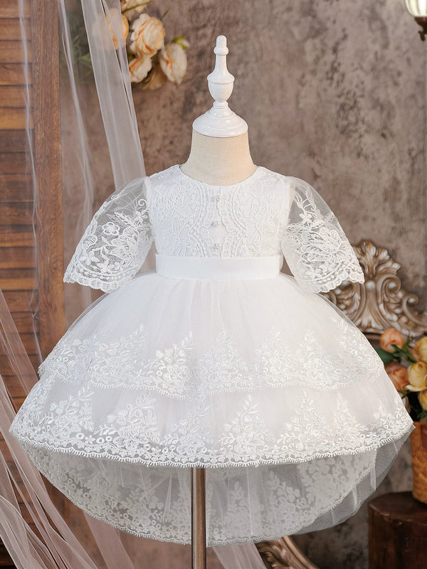 A-Line/Princess Scoop Half Sleeves Full Moon Dresses for Girls With Bowknot & Lace