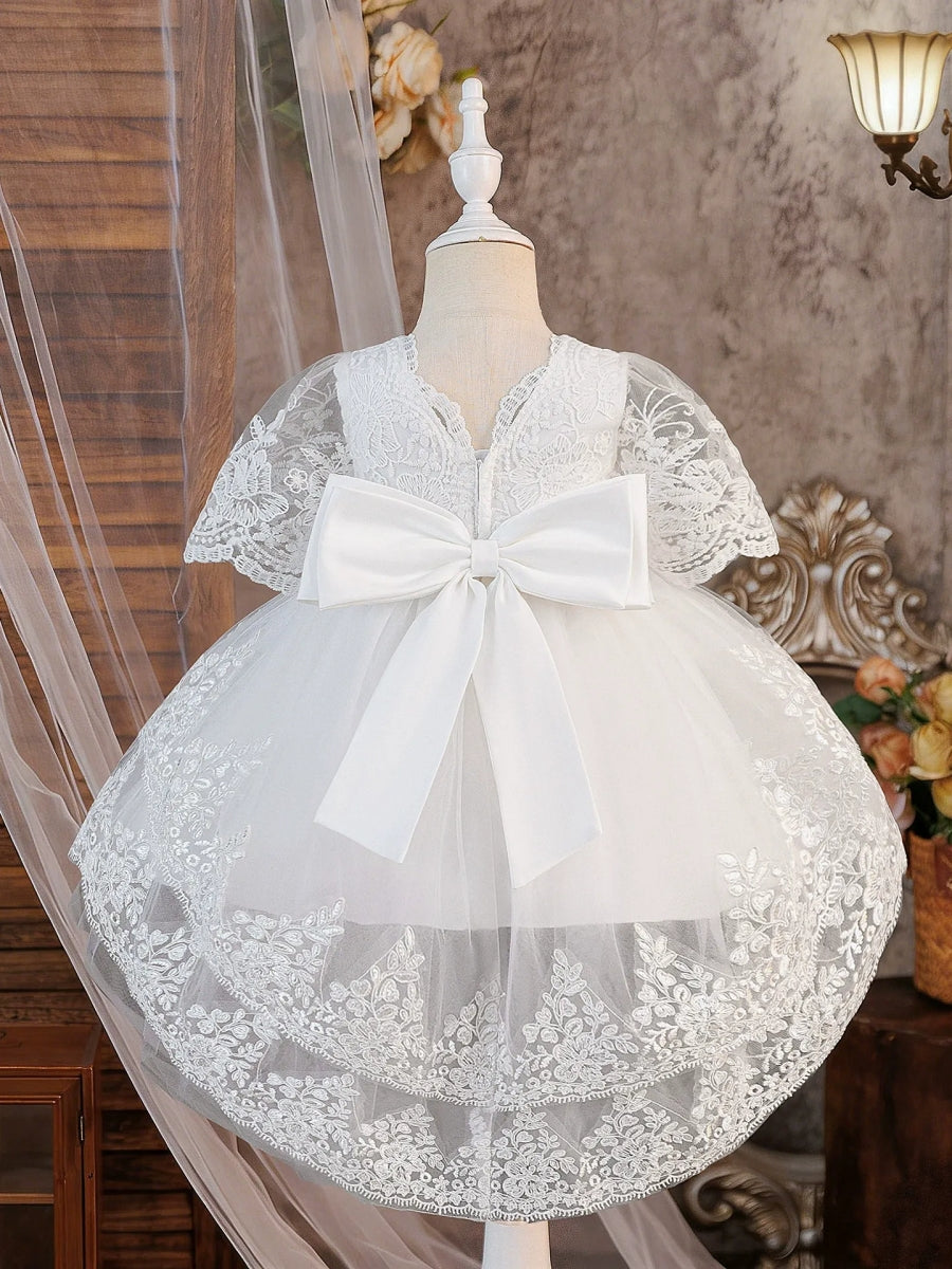 A-Line/Princess Scoop Half Sleeves Full Moon Dresses for Girls With Bowknot &amp; Lace