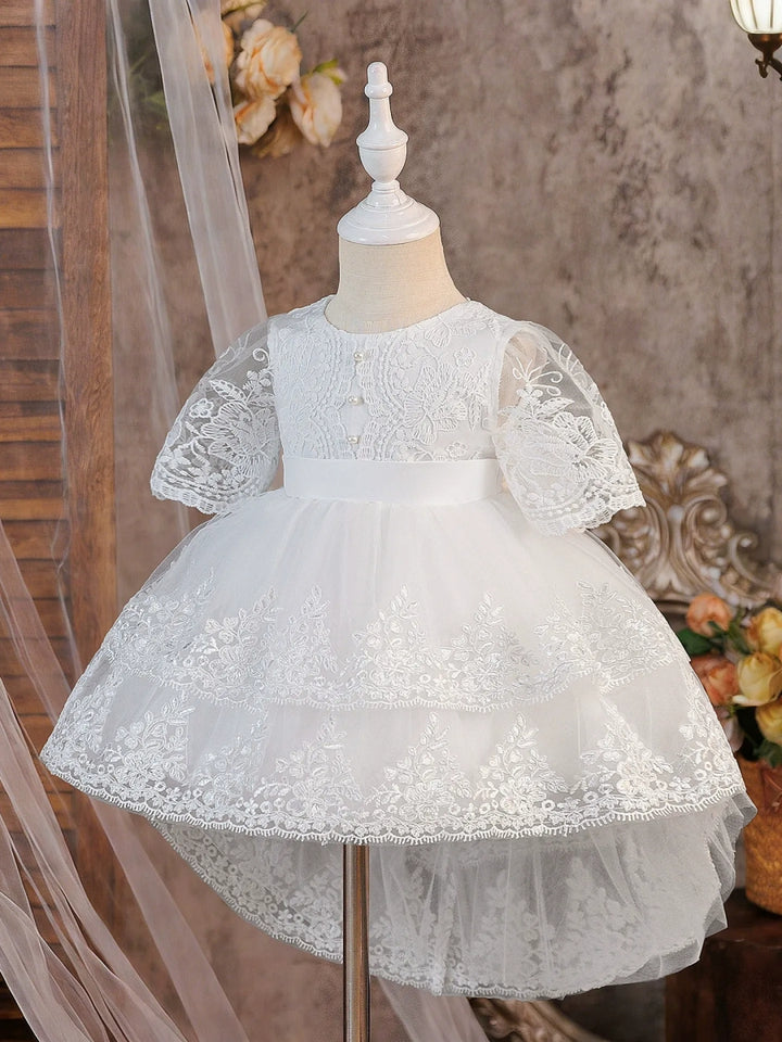 A-Line/Princess Scoop Half Sleeves Full Moon Dresses for Girls With Bowknot &amp; Lace
