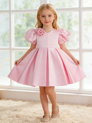 A-Line/Princess V-Neck Puff Sleeves Flower Girl Dresses With Bowknot & 3D Floral