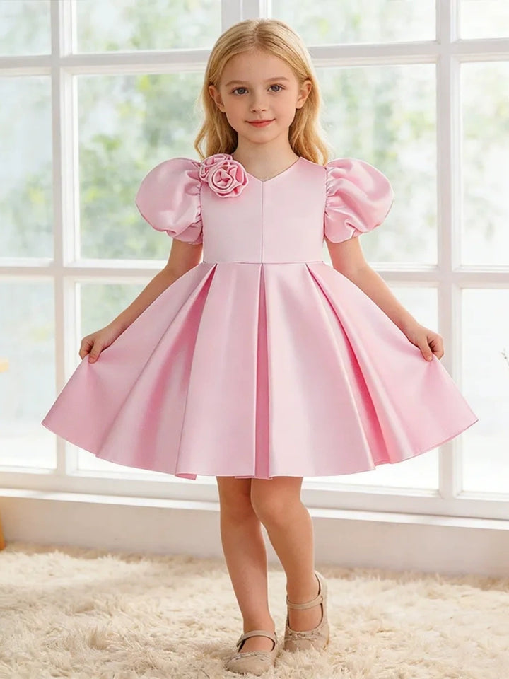 A-Line/Princess V-Neck Puff Sleeves Flower Girl Dresses With Bowknot &amp; 3D Floral