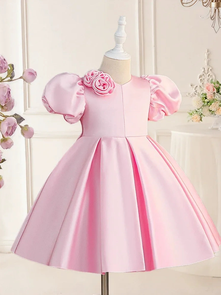 A-Line/Princess V-Neck Puff Sleeves Flower Girl Dresses With Bowknot &amp; 3D Floral