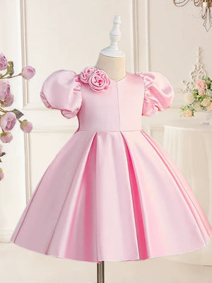 A-Line/Princess V-Neck Puff Sleeves Flower Girl Dresses With Bowknot & 3D Floral