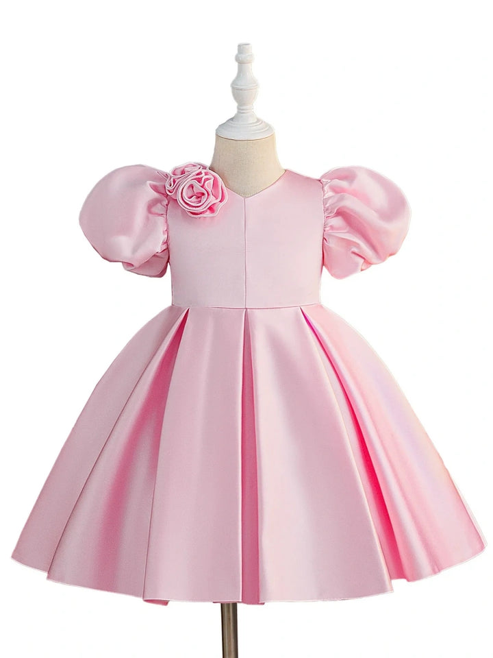 A-Line/Princess V-Neck Puff Sleeves Flower Girl Dresses With Bowknot &amp; 3D Floral