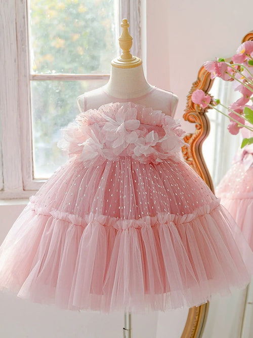 Ball Gown Scoop Sleeveless Ruched Flower Girl Dresses With 3D Floral & Bowknot
